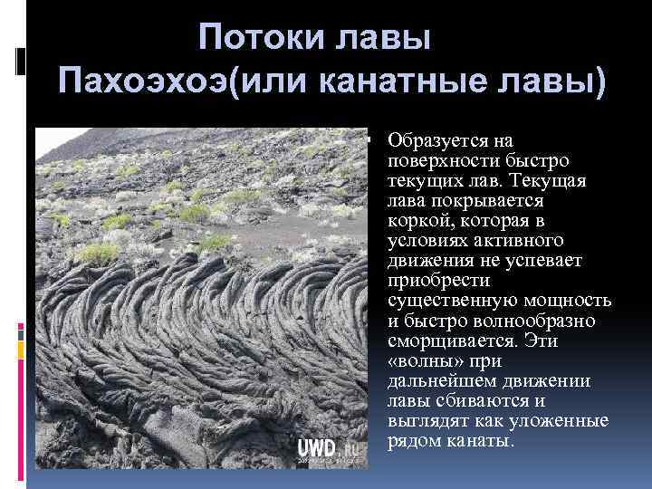  Потоки лавы Пахоэхоэ(или канатные лавы) Образуется на поверхности быстро текущих лав. Текущая лава