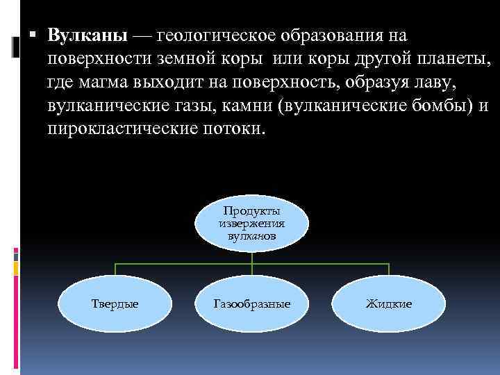  Вулканы — геологическое образования на поверхности земной коры или коры другой планеты, где