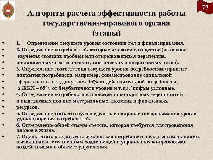 Алгоритм расчета эффективности работы государственно правового органа (этапы) • • • • 1. Определение