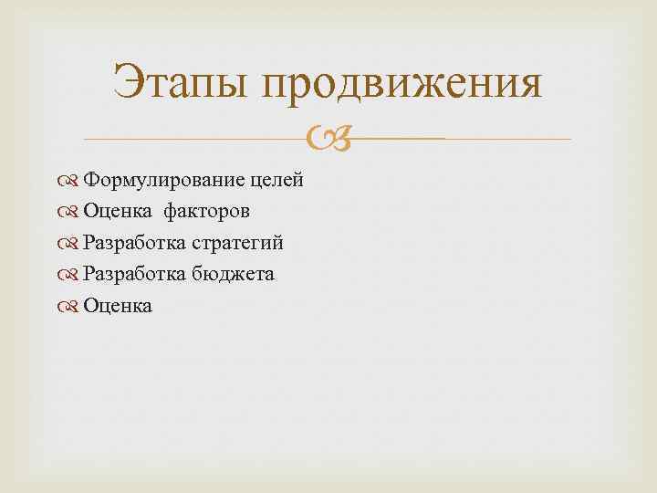 Этапы продвижения Формулирование целей Оценка факторов Разработка стратегий Разработка бюджета Оценка 