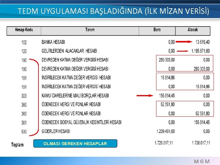 TEDM UYGULAMASI BAŞLADIĞINDA (İLK MİZAN VERİSİ) OLMASI GEREKEN HESAPLAR 