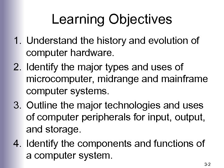 Learning Objectives 1. Understand the history and evolution of computer hardware. 2. Identify the