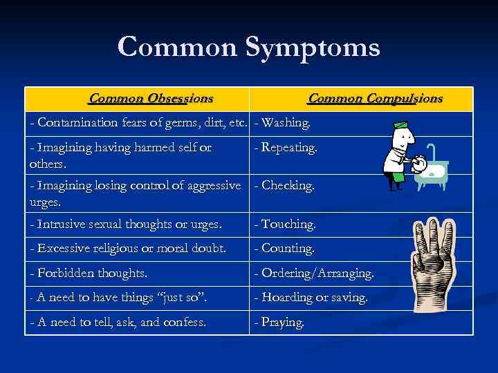 Common Symptoms Common Obsessions Common Compulsions - Contamination fears of germs, dirt, etc. -