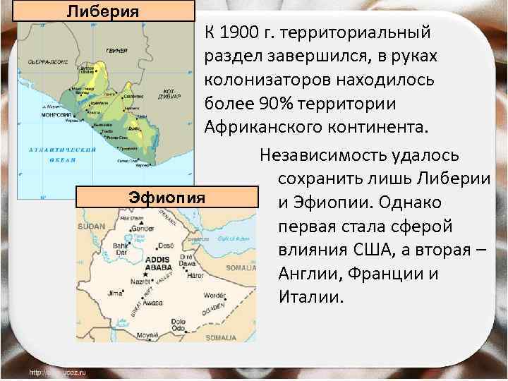 Либерия К 1900 г. территориальный раздел завершился, в руках колонизаторов находилось более 90% территории