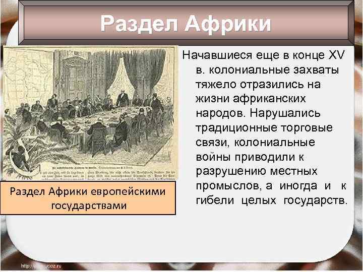 Раздел Африки европейскими государствами Начавшиеся еще в конце XV в. колониальные захваты тяжело отразились