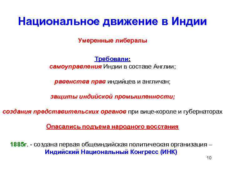 Национальное движение в Индии Умеренные либералы Требовали: самоуправления Индии в составе Англии; равенства прав