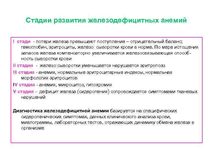 Стадии развития железодефицитных анемий І стади - потери железа превышают поступление – отрицательный баланс;