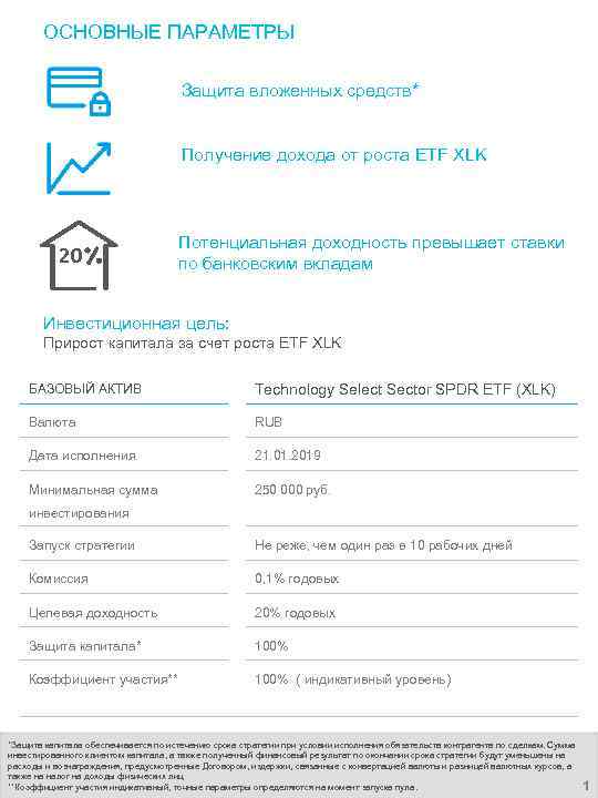 ОСНОВНЫЕ ПАРАМЕТРЫ Защита вложенных средств* Получение дохода от роста ETF XLK 20 Потенциальная доходность