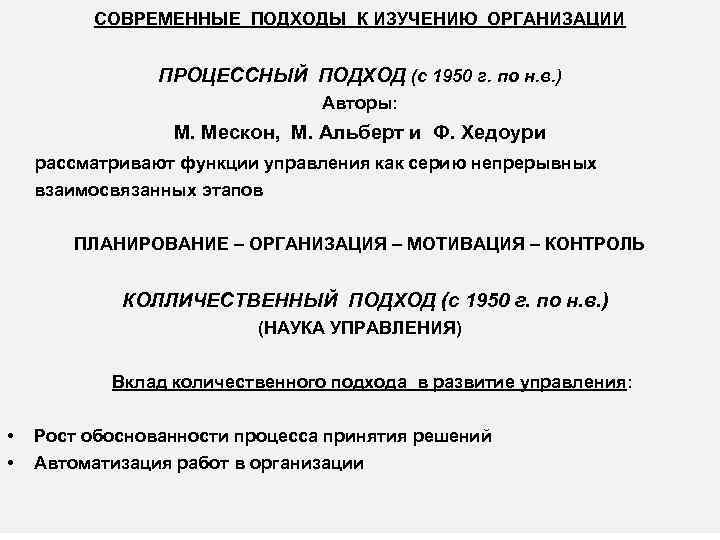 СОВРЕМЕННЫЕ ПОДХОДЫ К ИЗУЧЕНИЮ ОРГАНИЗАЦИИ ПРОЦЕССНЫЙ ПОДХОД (с 1950 г. по н. в. )