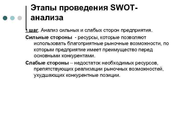 Этапы проведения SWOTанализа 1 шаг. Анализ сильных и слабых сторон предприятия. Сильные стороны -
