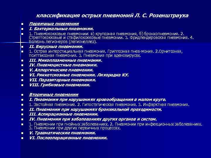 классификация острых пневмоний Л. С. Розенштрауха n n n n n Первичные пневмонии I.