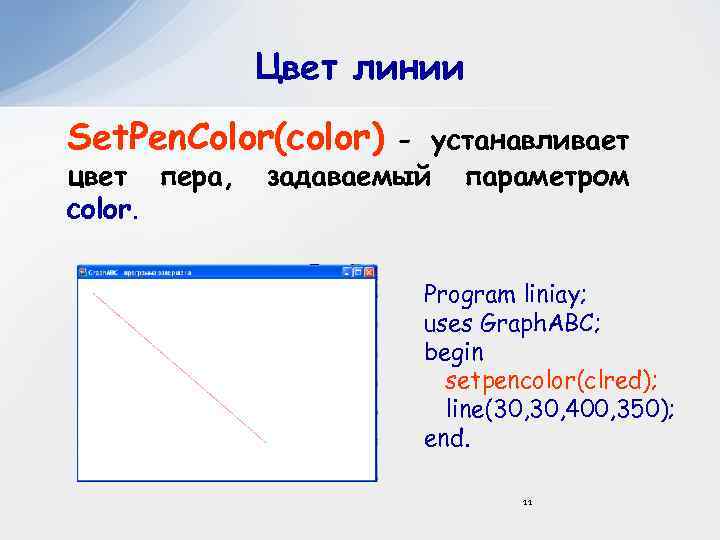 Цвет линии Set. Pen. Color(color) цвет пера, color. - устанавливает задаваемый параметром Program liniay;