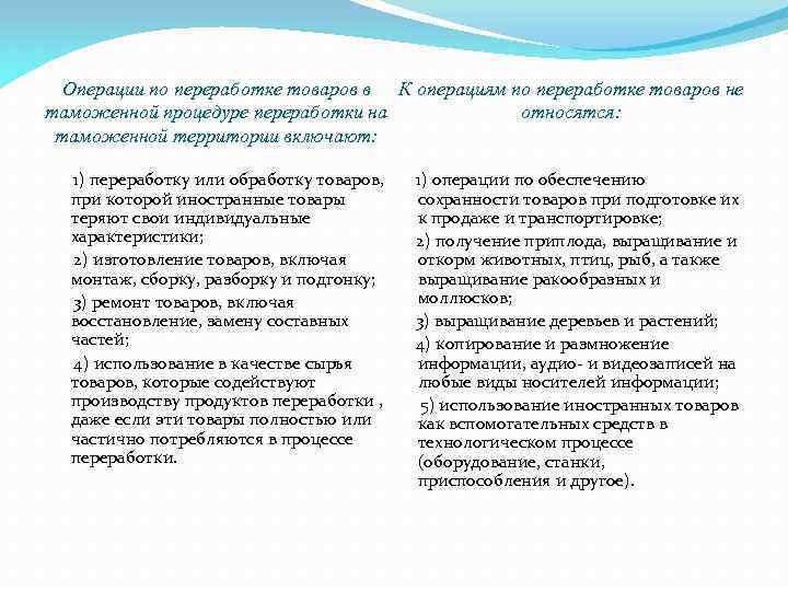 Операции по переработке товаров в К операциям по переработке товаров не относятся: таможенной процедуре