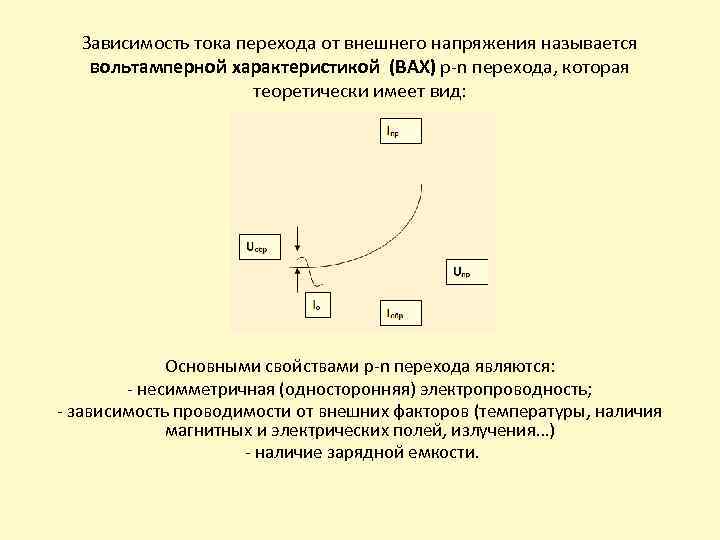 Зависимость тока перехода от внешнего напряжения называется вольтамперной характеристикой (ВАХ) p-n перехода, которая теоретически