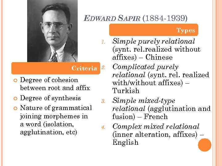 EDWARD SAPIR (1884 -1939) Types 1. Criteria 2. Degree of cohesion between root and