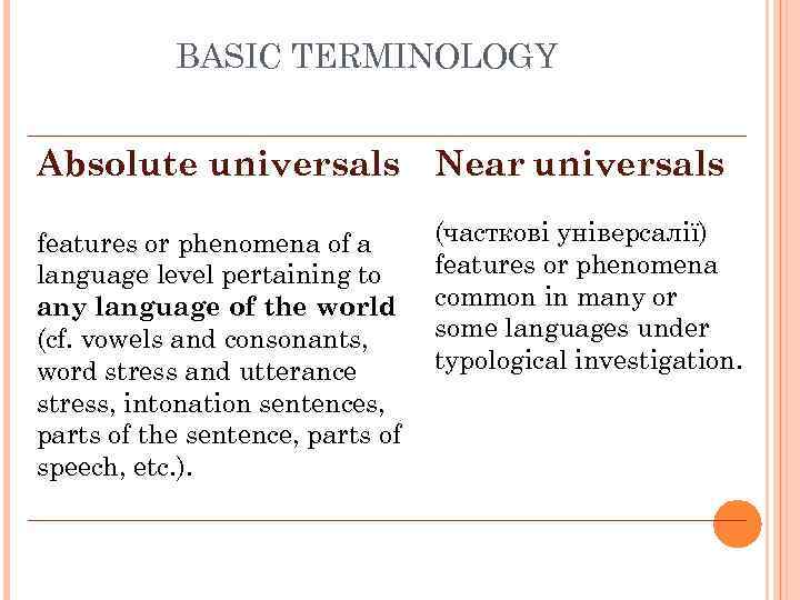 BASIC TERMINOLOGY Absolute universals Near universals features or phenomena of a language level pertaining