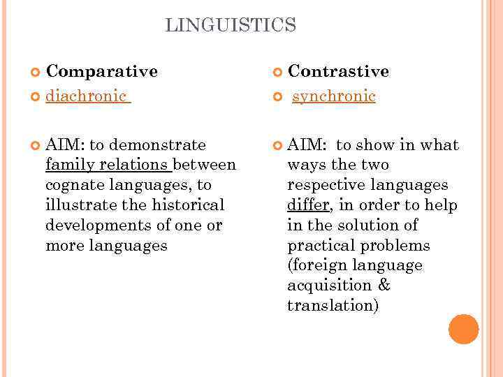 LINGUISTICS Comparative diachronic AIM: to demonstrate family relations between cognate languages, to illustrate the