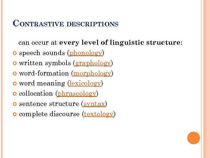 CONTRASTIVE DESCRIPTIONS can occur at every level of linguistic structure: speech sounds (phonology) written