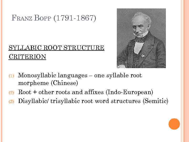 FRANZ BOPP (1791 -1867) SYLLABIC ROOT STRUCTURE CRITERION (1) (2) (3) Monosyllabic languages –