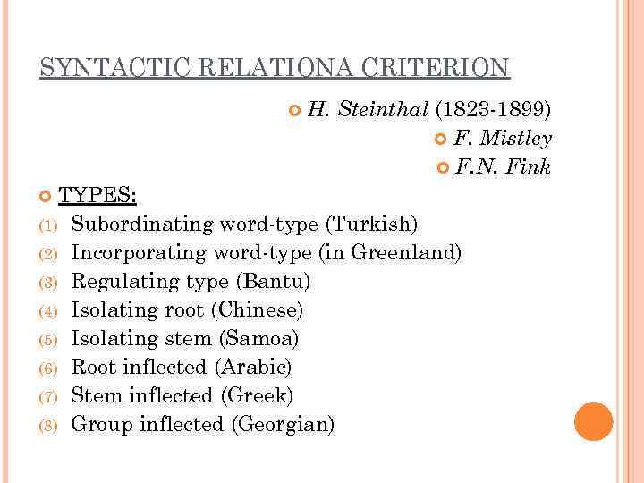 SYNTACTIC RELATIONA CRITERION H. Steinthal (1823 -1899) F. Mistley F. N. Fink TYPES: (1)