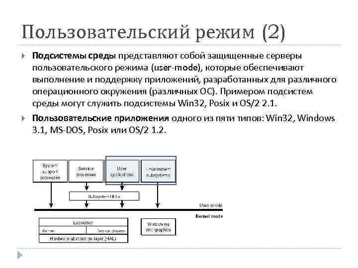 Пользовательский режим (2) Подсистемы среды представляют собой защищенные серверы пользовательского режима (user-mode), которые обеспечивают