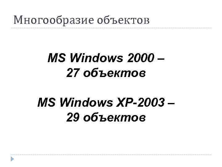 Многообразие объектов MS Windows 2000 – 27 объектов MS Windows XP-2003 – 29 объектов