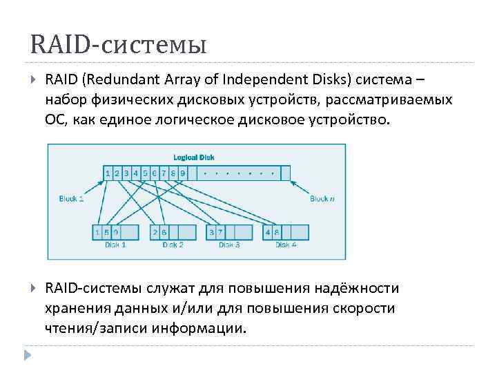 RAID-системы RAID (Redundant Array of Independent Disks) система – набор физических дисковых устройств, рассматриваемых