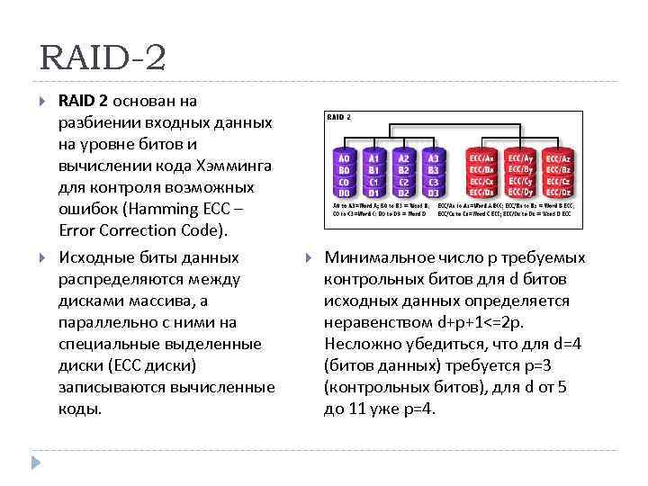 RAID-2 RAID 2 основан на разбиении входных данных на уровне битов и вычислении кода