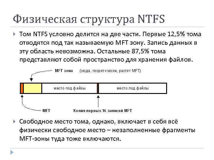 Физическая структура NTFS Том NTFS условно делится на две части. Первые 12, 5% тома