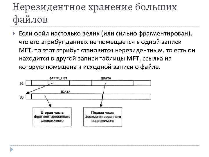 Нерезидентное хранение больших файлов Если файл настолько велик (или сильно фрагментирован), что его атрибут