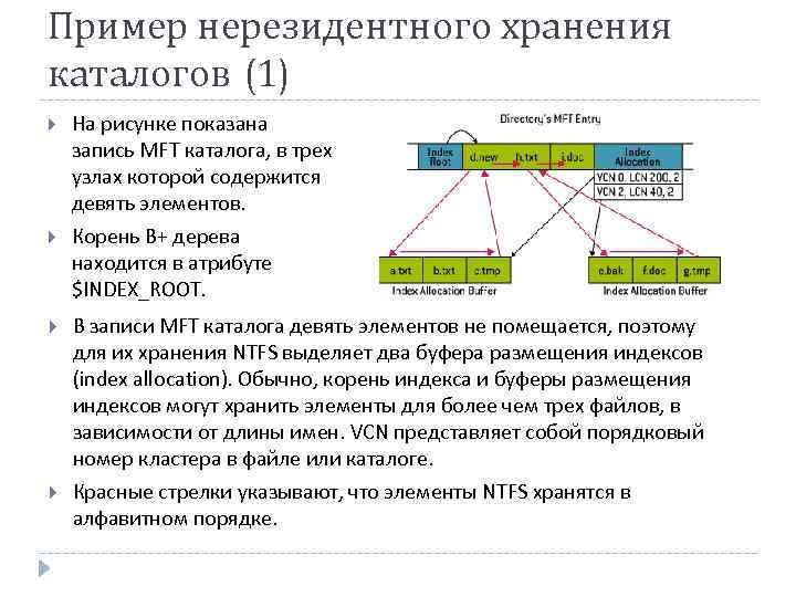 Пример нерезидентного хранения каталогов (1) На рисунке показана запись MFT каталога, в трех узлах