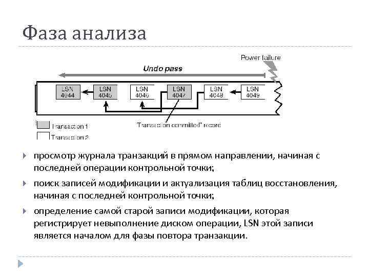 Фаза анализа просмотр журнала транзакций в прямом направлении, начиная с последней операции контрольной точки;