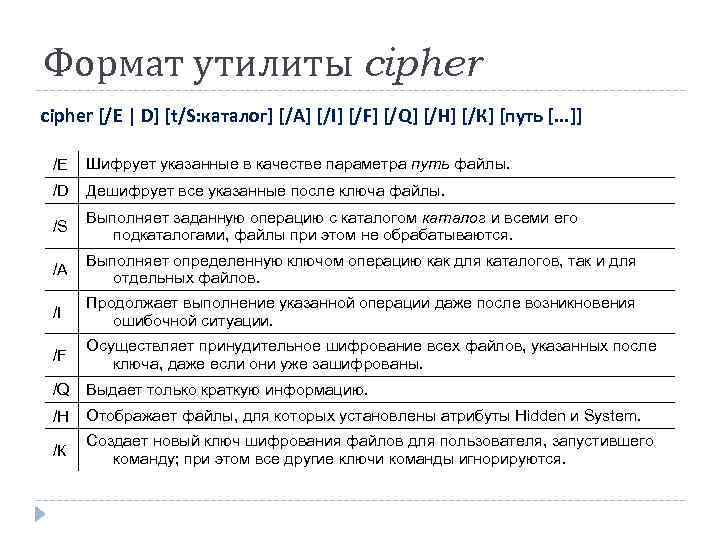 Формат утилиты cipher [/Е | D] [t/S: каталог] [/A] [/I] [/F] [/Q] [/Н] [/К]
