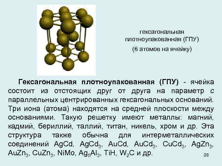 гексагональная плотноупакованная (ГПУ) (6 атомов на ячейку) Гексагональная плотноупакованная (ГПУ) - ячейка состоит из