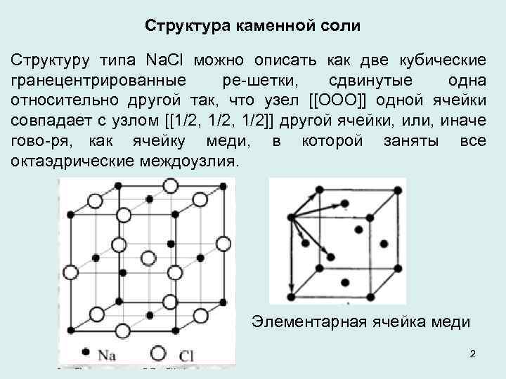 Структура каменной соли Структуру типа Na. Cl можно описать как две кубические гранецентрированные ре