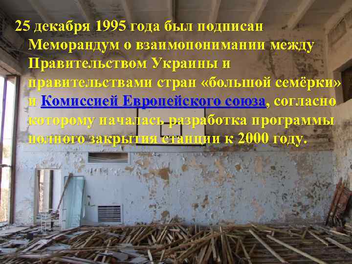 25 декабря 1995 года был подписан Меморандум о взаимопонимании между Правительством Украины и правительствами