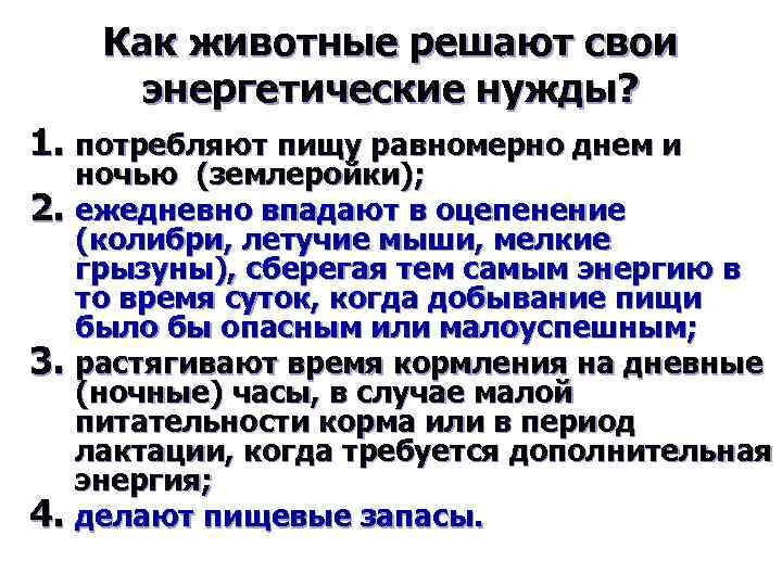 Как животные решают свои энергетические нужды? 1. потребляют пищу равномерно днем и ночью (землеройки);