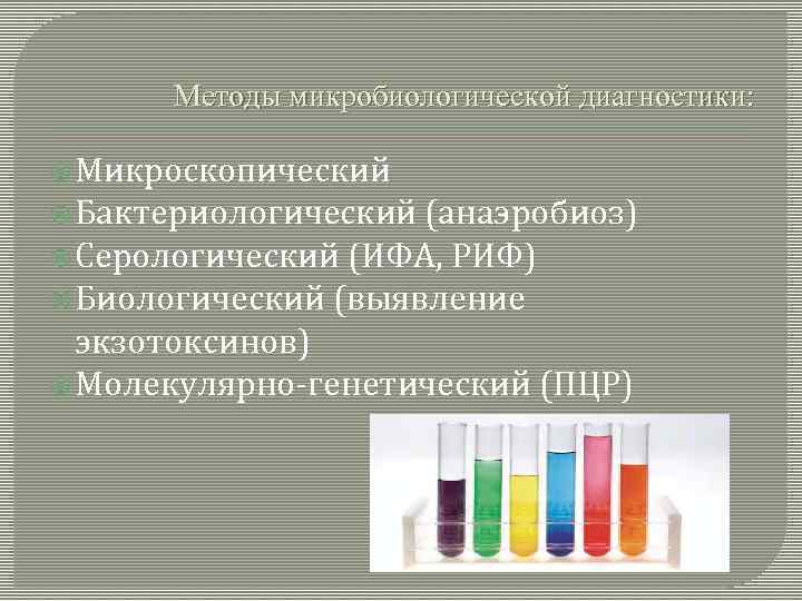 Методы микробиологической диагностики: Микроскопический Бактериологический (анаэробиоз) Серологический (ИФА, РИФ) Биологический (выявление экзотоксинов) Молекулярно-генетический (ПЦР)