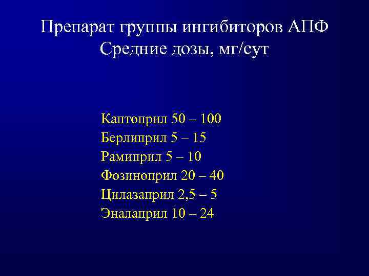 Препарат группы ингибиторов АПФ Средние дозы, мг/сут Каптоприл 50 – 100 Берлиприл 5 –