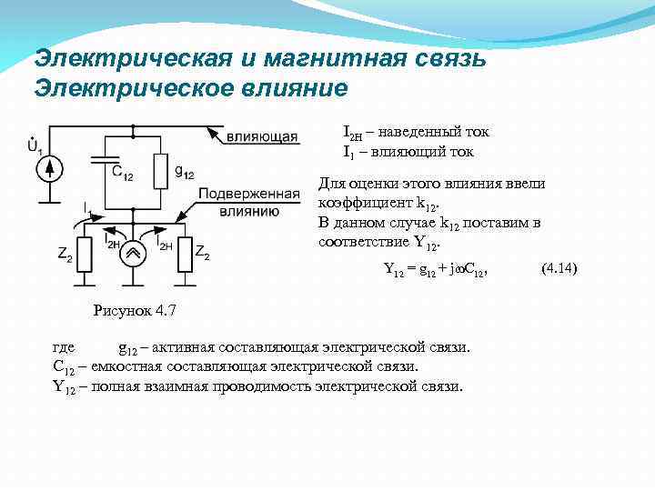 Электрическая и магнитная связь Электрическое влияние I 2 Н – наведенный ток I 1