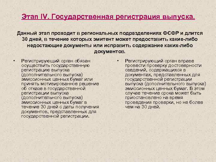 Этап IV. Государственная регистрация выпуска. Данный этап проходит в региональных подразделениях ФСФР и длится