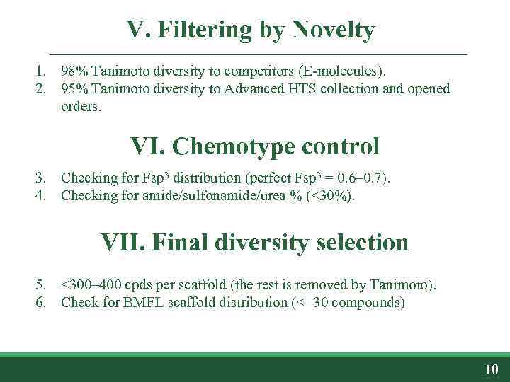 V. Filtering by Novelty 1. 98% Tanimoto diversity to competitors (E-molecules). 2. 95% Tanimoto
