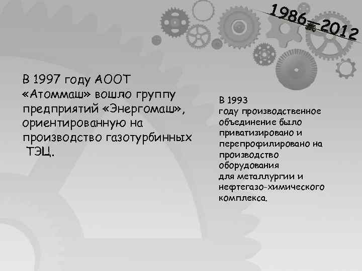 198 6 — 20 В 1997 году АООТ «Атоммаш» вошло группу предприятий «Энергомаш» ,
