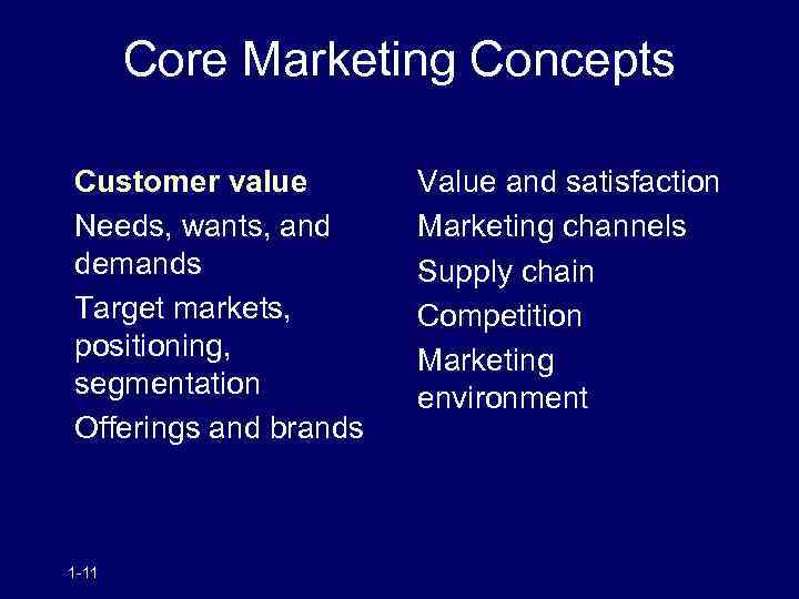 Core Marketing Concepts Customer value Needs, wants, and demands Target markets, positioning, segmentation Offerings