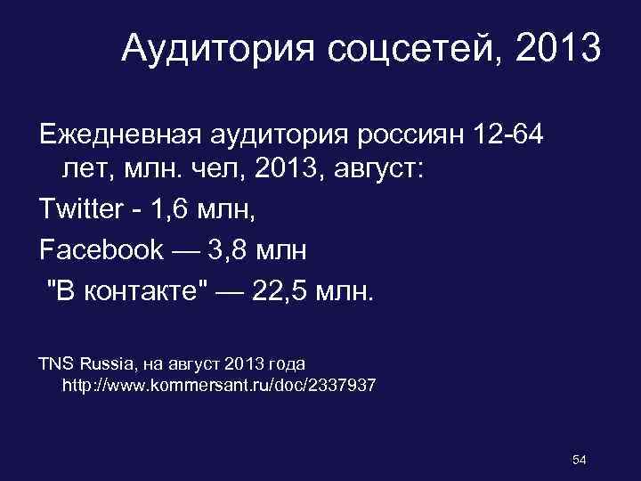 Аудитория соцсетей, 2013 Ежедневная аудитория россиян 12 -64 лет, млн. чел, 2013, август: Twitter