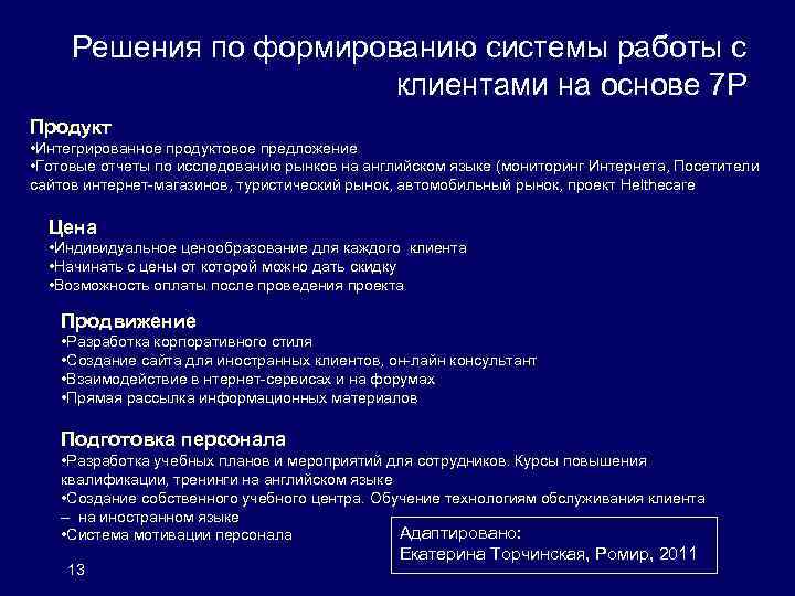 Решения по формированию системы работы с клиентами на основе 7 P Продукт • Интегрированное