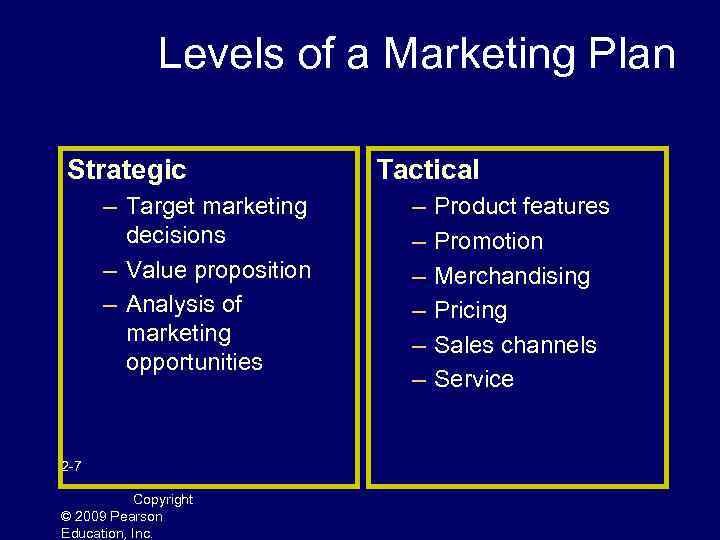 Levels of a Marketing Plan Strategic – Target marketing decisions – Value proposition –