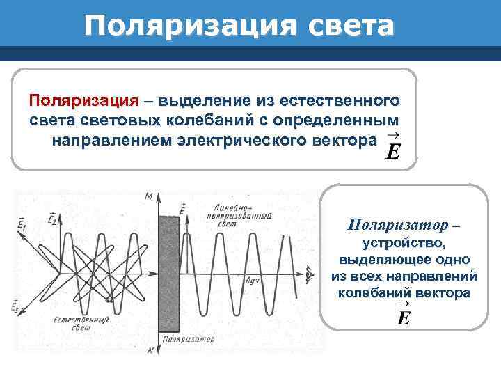 Поляризация света Поляризация – выделение из естественного света световых колебаний с определенным направлением электрического