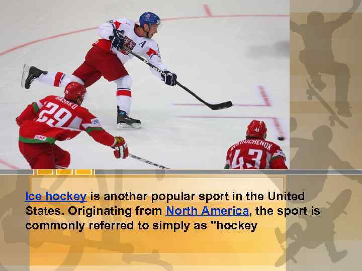 Ice hockey is another popular sport in the United States. Originating from North America,