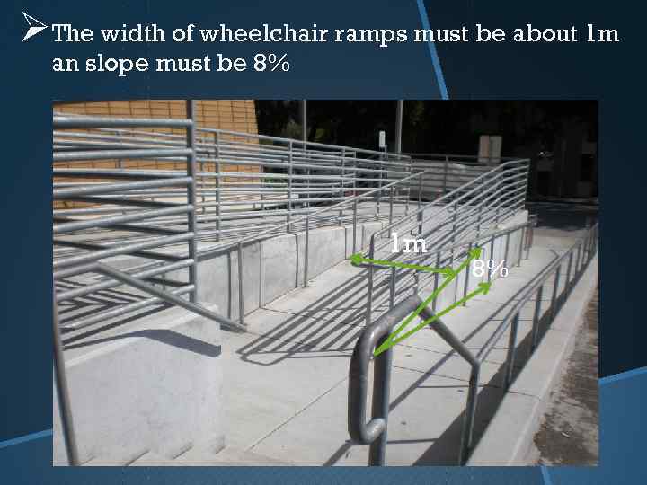 ØThe width of wheelchair ramps must be about 1 m an slope must be